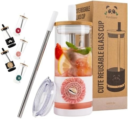Cốc thủy tinh với nắp và ống hút -20 Fl Oz - Cốc cà phê đá kích thước hoàn hảo - Cốc nước ép với tre