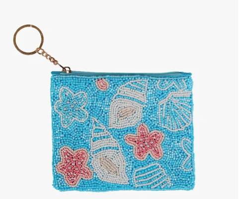 Everyday coin bag with detailed beadwork secure zip closure and attached gold tone key ring perfect for storing coins and small essentials