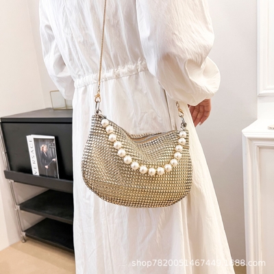 New pearl handle imitation full diamond handbag shoulder bag Chiếc túi xách bằng kim cương