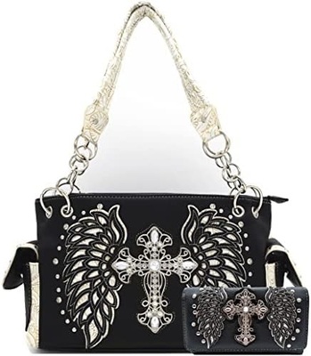 Phong cách phương Tây RINESTONE CROSS STUDED LASER CUT WINGS TOOLLED LEATHER PURSE Đàn bà túi xách