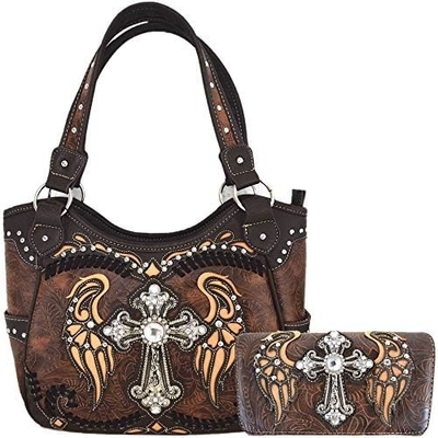 Phong cách phương Tây RINESTONE CROSS STUDED LASER CUT WINGS TOOLLED LEATHER PURSE Đàn bà túi xách