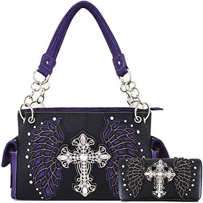 Phong cách phương Tây RINESTONE CROSS STUDED LASER CUT WINGS TOOLLED LEATHER PURSE Đàn bà túi xách