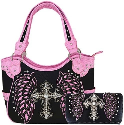 Phong cách phương Tây RINESTONE CROSS STUDED LASER CUT WINGS TOOLLED LEATHER PURSE Đàn bà túi xách