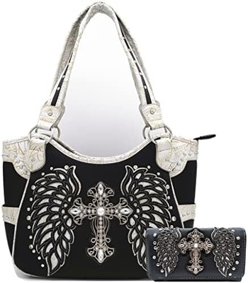Phong cách phương Tây RINESTONE CROSS STUDED LASER CUT WINGS TOOLLED LEATHER PURSE Đàn bà túi xách