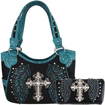 Phong cách phương Tây RINESTONE CROSS STUDED LASER CUT WINGS TOOLLED LEATHER PURSE Đàn bà túi xách