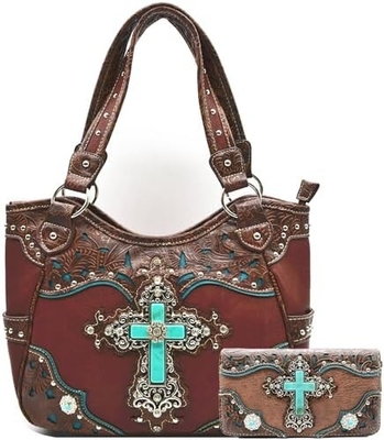 Phong cách phương Tây RINESTONE CROSS STUDED LASER CUT WINGS TOOLLED LEATHER PURSE Đàn bà túi xách