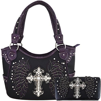 Phong cách phương Tây RINESTONE CROSS STUDED LASER CUT WINGS TOOLLED LEATHER PURSE Đàn bà túi xách
