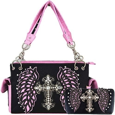 Phong cách phương Tây RINESTONE CROSS STUDED LASER CUT WINGS TOOLLED LEATHER PURSE Đàn bà túi xách