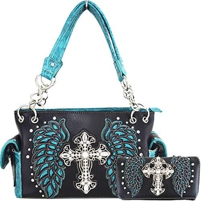 Phong cách phương Tây RINESTONE CROSS STUDED LASER CUT WINGS TOOLLED LEATHER PURSE Đàn bà túi xách