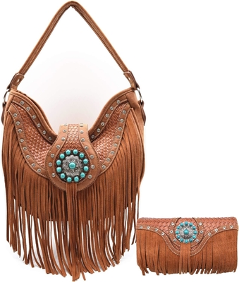 Phong cách phương Tây CONCHOS GEM RHINESTONE STUDED BROIDED LEATHER BURSE COUNTRY HANDBAG Đàn bà BACK GROUND SET