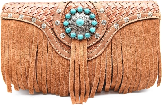 Phong cách phương Tây CONCHOS GEM RHINESTONE STUDED BROIDED LEATHER BURSE COUNTRY HANDBAG Đàn bà BACK GROUND SET
