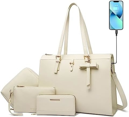 KEYLI 4PC SET LAPTOP BAG cho phụ nữ da lớn LAPTOP BRIEFCASE với cổng sạc USB máy tính vai túi xách PU