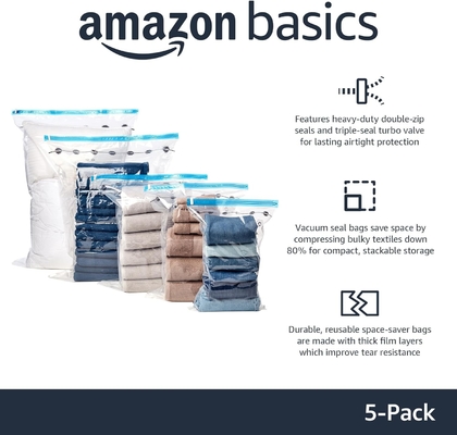 Amazon Basics túi lưu trữ niêm phong ép chân không với máy bơm tay, trung bình, 5 gói, trắng, xanh trời