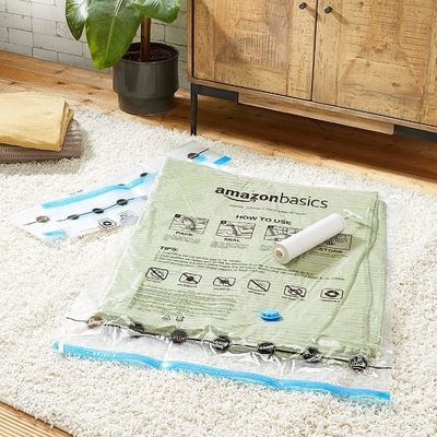 Amazon Basics túi lưu trữ niêm phong ép chân không với máy bơm tay, trung bình, 5 gói, trắng, xanh trời