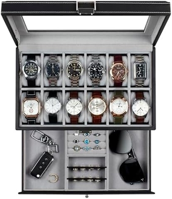 GUKA Watch Box 12 Slot Watch Display Organizer Da đồ trang sức vỏ ngăn kéo kính Sinh nhật cho nam giới Phụ nữ, con trai