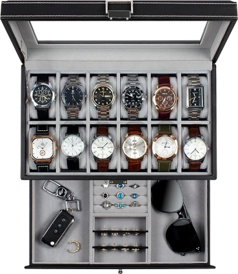 GUKA Watch Box 12 Slot Watch Display Organizer Da đồ trang sức vỏ ngăn kéo kính Sinh nhật cho nam giới Phụ nữ, con trai