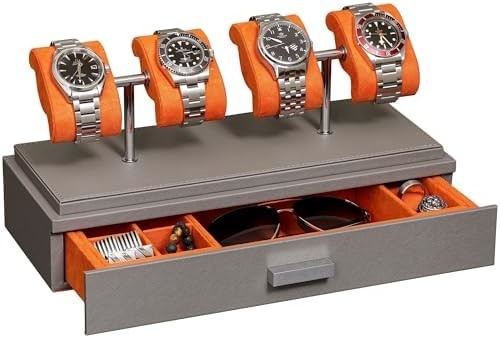 ROTHWELL Luxury Watch Display Case cho 4 chiếc đồng hồ ️ Hộp đồng hồ da với vỏ acrylic và slide có thể tháo ra trong đệm