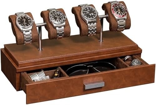 ROTHWELL Luxury Watch Display Case cho 4 chiếc đồng hồ ️ Hộp đồng hồ da với vỏ acrylic và slide có thể tháo ra trong đệm