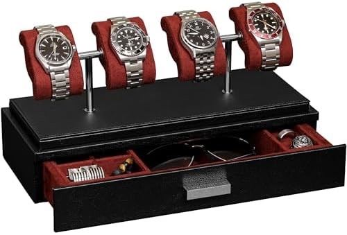 ROTHWELL Luxury Watch Display Case cho 4 chiếc đồng hồ ️ Hộp đồng hồ da với vỏ acrylic và slide có thể tháo ra trong đệm
