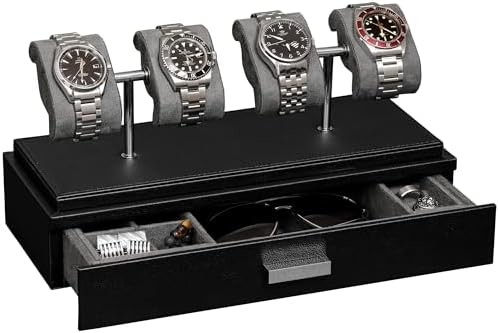ROTHWELL Luxury Watch Display Case cho 4 chiếc đồng hồ ️ Hộp đồng hồ da với vỏ acrylic và slide có thể tháo ra trong đệm