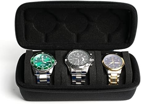 3 watch travel case roll, Hard watch carry case roll display storage holder box with soft foam pillows fit all size