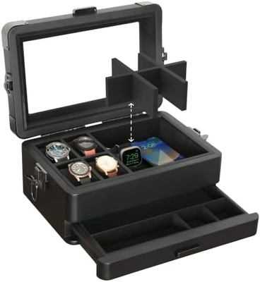 CASE ELEGANCE Quân đội 10 khe hộp đồng hồ hộp tổ chức trường hợp cho nam giới, top kính thực sự, Modular valet tray,