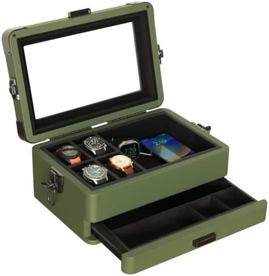 CASE ELEGANCE Quân đội 10 khe hộp đồng hồ hộp tổ chức trường hợp cho nam giới, top kính thực sự, Modular valet tray,