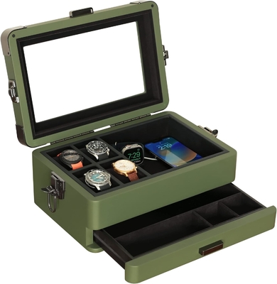 CASE ELEGANCE Quân đội 10 khe hộp đồng hồ hộp tổ chức trường hợp cho nam giới, top kính thực sự, Modular valet tray,