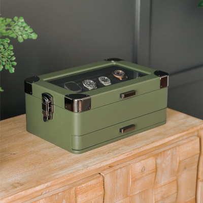 CASE ELEGANCE Quân đội 10 khe hộp đồng hồ hộp tổ chức trường hợp cho nam giới, top kính thực sự, Modular valet tray,