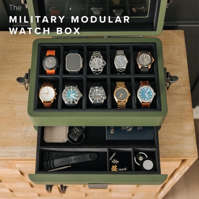 CASE ELEGANCE Quân đội 10 khe hộp đồng hồ hộp tổ chức trường hợp cho nam giới, top kính thực sự, Modular valet tray,