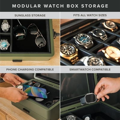 CASE ELEGANCE Quân đội 10 khe hộp đồng hồ hộp tổ chức trường hợp cho nam giới, top kính thực sự, Modular valet tray,