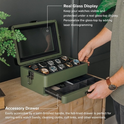 CASE ELEGANCE Quân đội 10 khe hộp đồng hồ hộp tổ chức trường hợp cho nam giới, top kính thực sự, Modular valet tray,