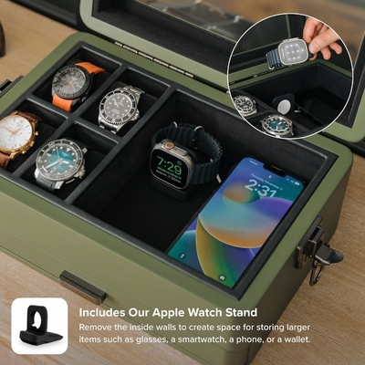 CASE ELEGANCE Quân đội 10 khe hộp đồng hồ hộp tổ chức trường hợp cho nam giới, top kính thực sự, Modular valet tray,