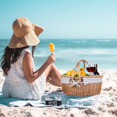 Wicker picnic basket với nắp và tay cầm thân vải chắc chắn với lớp lót có thể rửa cho lễ Phục sinh, Ngày của Mẹ, cắm trại ngoài trời