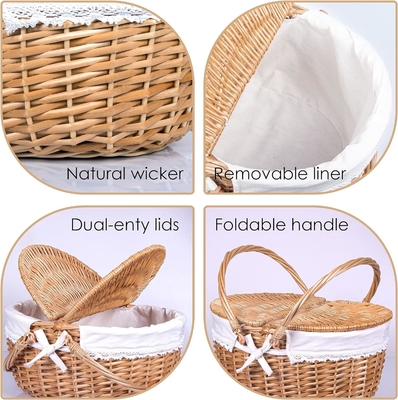 Wicker picnic basket với nắp và tay cầm thân vải chắc chắn với lớp lót có thể rửa cho lễ Phục sinh, Ngày của Mẹ, cắm trại ngoài trời