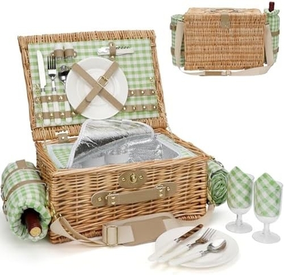 Wicker picnic basket với nắp và tay cầm thân vải chắc chắn với lớp lót có thể rửa cho lễ Phục sinh, Ngày của Mẹ, cắm trại ngoài trời
