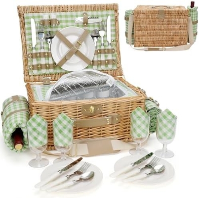 Wicker picnic basket với nắp và tay cầm thân vải chắc chắn với lớp lót có thể rửa cho lễ Phục sinh, Ngày của Mẹ, cắm trại ngoài trời