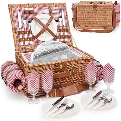 Wicker picnic basket với nắp và tay cầm thân vải chắc chắn với lớp lót có thể rửa cho lễ Phục sinh, Ngày của Mẹ, cắm trại ngoài trời