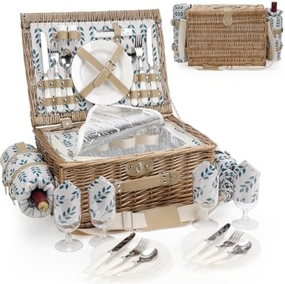 Wicker picnic basket với nắp và tay cầm thân vải chắc chắn với lớp lót có thể rửa cho lễ Phục sinh, Ngày của Mẹ, cắm trại ngoài trời
