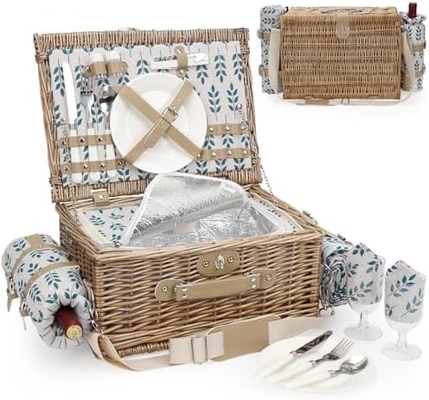 Wicker picnic basket với nắp và tay cầm thân vải chắc chắn với lớp lót có thể rửa cho lễ Phục sinh, Ngày của Mẹ, cắm trại ngoài trời