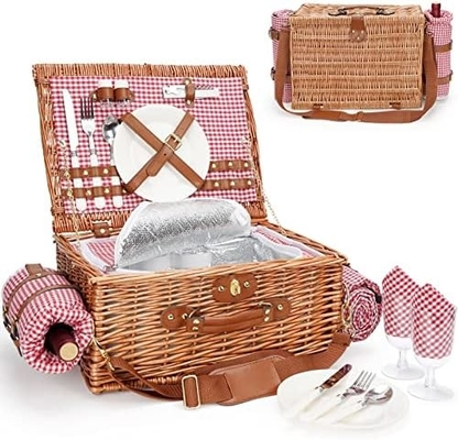 Wicker picnic basket với nắp và tay cầm thân vải chắc chắn với lớp lót có thể rửa cho lễ Phục sinh, Ngày của Mẹ, cắm trại ngoài trời