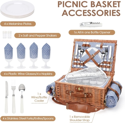 Wicker picnic basket với nắp và tay cầm thân vải chắc chắn với lớp lót có thể rửa cho lễ Phục sinh, Ngày của Mẹ, cắm trại ngoài trời
