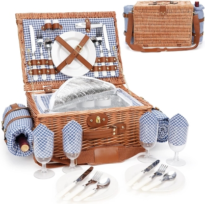 Wicker picnic basket với nắp và tay cầm thân vải chắc chắn với lớp lót có thể rửa cho lễ Phục sinh, Ngày của Mẹ, cắm trại ngoài trời