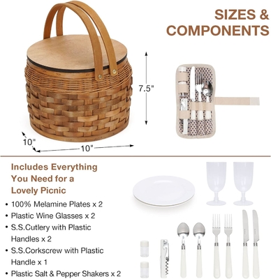 Giỏ picnic nhỏ với bộ làm mát cách nhiệt, giỏ picnic cho 2, giỏ gỗ, bao gồm 2 bộ