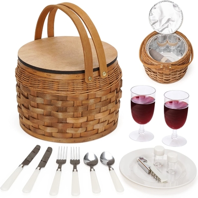 Giỏ picnic nhỏ với bộ làm mát cách nhiệt, giỏ picnic cho 2, giỏ gỗ, bao gồm 2 bộ