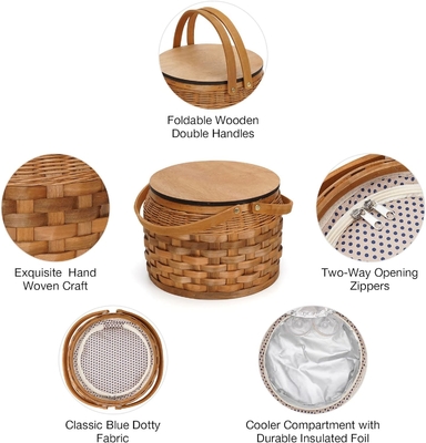 Giỏ picnic nhỏ với bộ làm mát cách nhiệt, giỏ picnic cho 2, giỏ gỗ, bao gồm 2 bộ