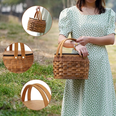 Giỏ picnic nhỏ với bộ làm mát cách nhiệt, giỏ picnic cho 2, giỏ gỗ, bao gồm 2 bộ