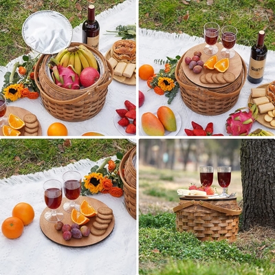 Giỏ picnic nhỏ với bộ làm mát cách nhiệt, giỏ picnic cho 2, giỏ gỗ, bao gồm 2 bộ