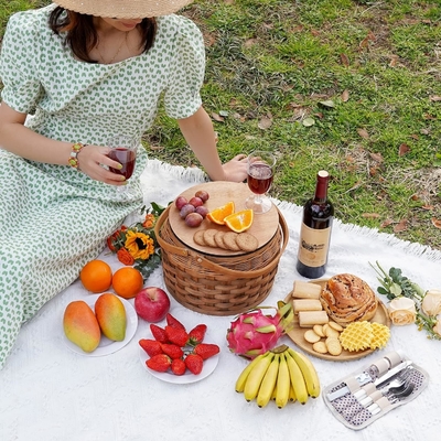 Giỏ picnic nhỏ với bộ làm mát cách nhiệt, giỏ picnic cho 2, giỏ gỗ, bao gồm 2 bộ