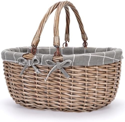 G GOOD GAIN Wicker Picnic Basket with Double Folding Handles, Willow Picnic Hamper, Natural Hand Woven Easter Basket,